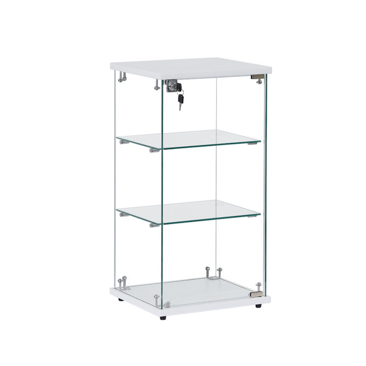 Compact white wood glass showcase – frameless design with lockable doors and dual shelving for countertop use