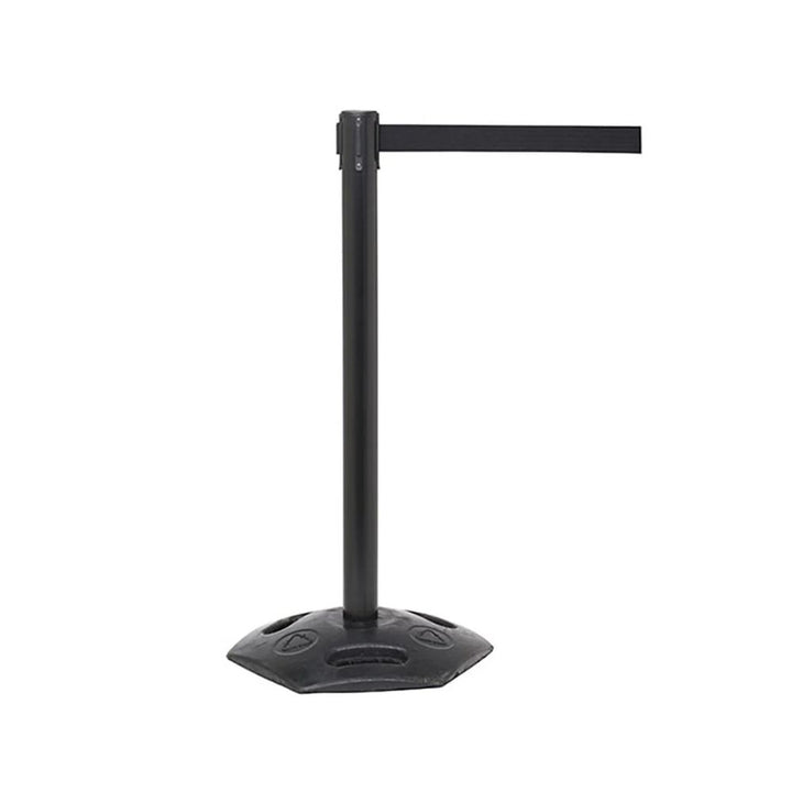 Plain studio image of a black safety barrier post with integrated retractable belt and durable rubber base—suitable for queue management, event safety, and warehouse access control.

