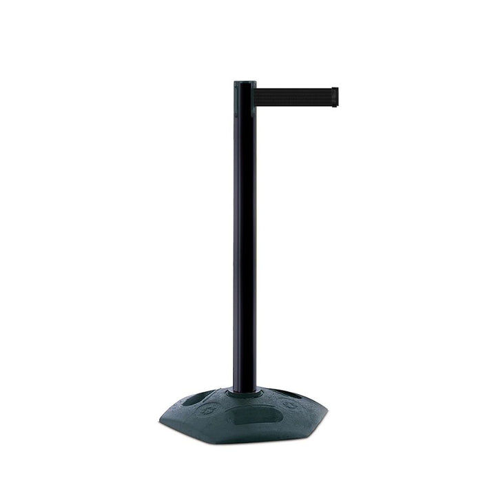 Minimalist studio image of a black freestanding safety barrier with integrated retractable belt and durable rubber base—ideal for professional queue management and hazard demarcation.

