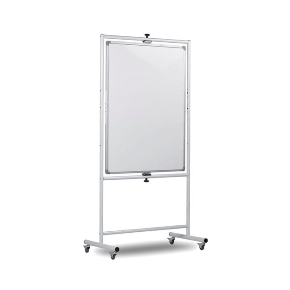 Freestanding double-sided rotating whiteboard with locking castors, aluminium frame and clean white surface, isolated on white background.

