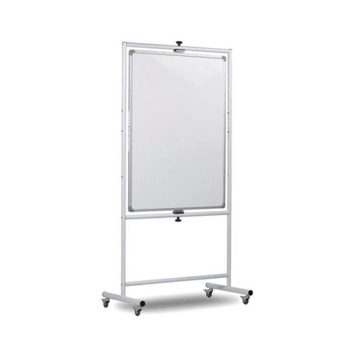 Freestanding double-sided rotating whiteboard with locking castors, aluminium frame and clean white surface, isolated on white background.

