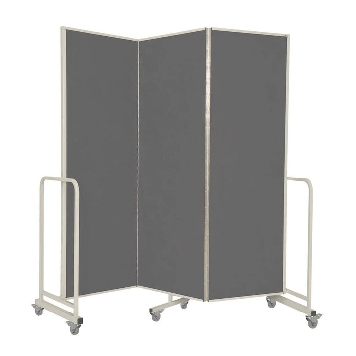 Three-panel room divider with muted grey felt surfaces and a white frame, mounted on lockable castor wheels for versatile office or classroom partitioning.