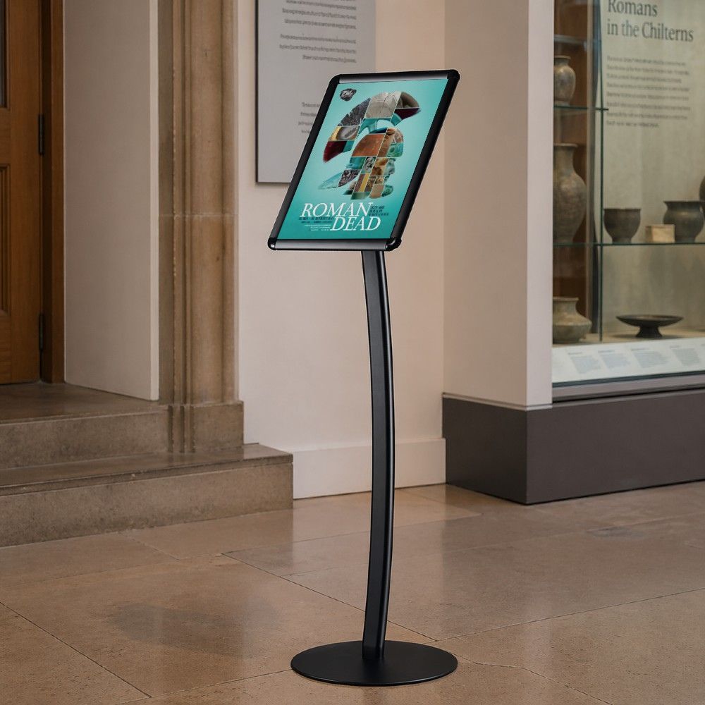 Black A3 Floor Standing Curved Aluminium Snap Frame Poster Display Stand - 372mm Wide x 1262mm High