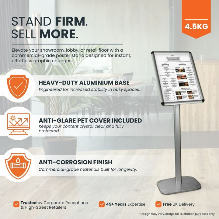 silver-poster-display-stand-with-heavy-duty-base-and-anti-glare-cover-for-retail-and-reception-areas