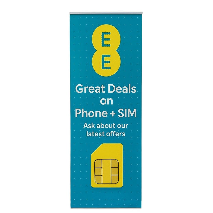 Freestanding roll-up banner featuring a phone and SIM card promotion with bold graphics and bright branding.

