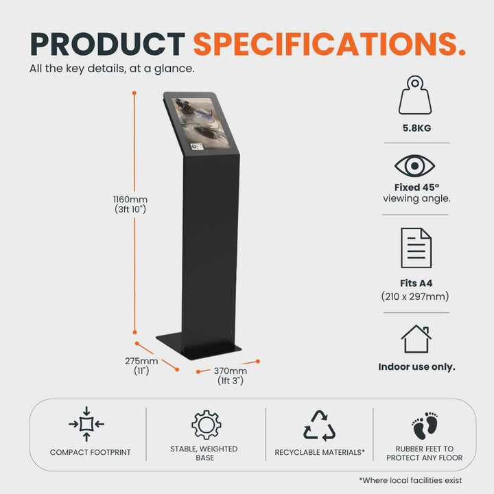 FSSA4BK black A4 floor standing poster display stand with 1160mm height and product dimensions