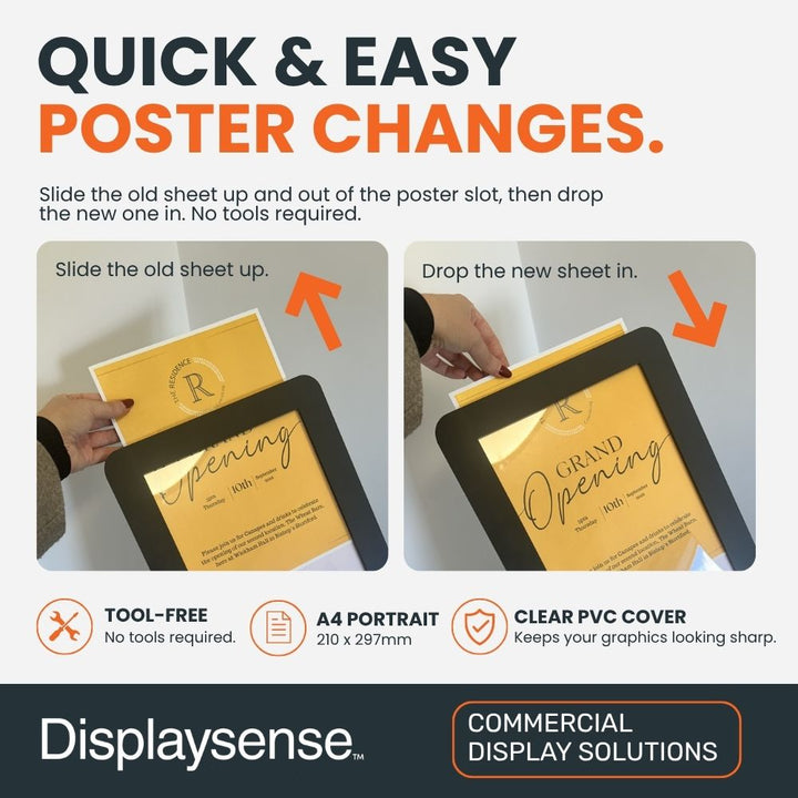 A4 poster being changed in the FSSA4BK freestanding display stand using the front slide-in slot