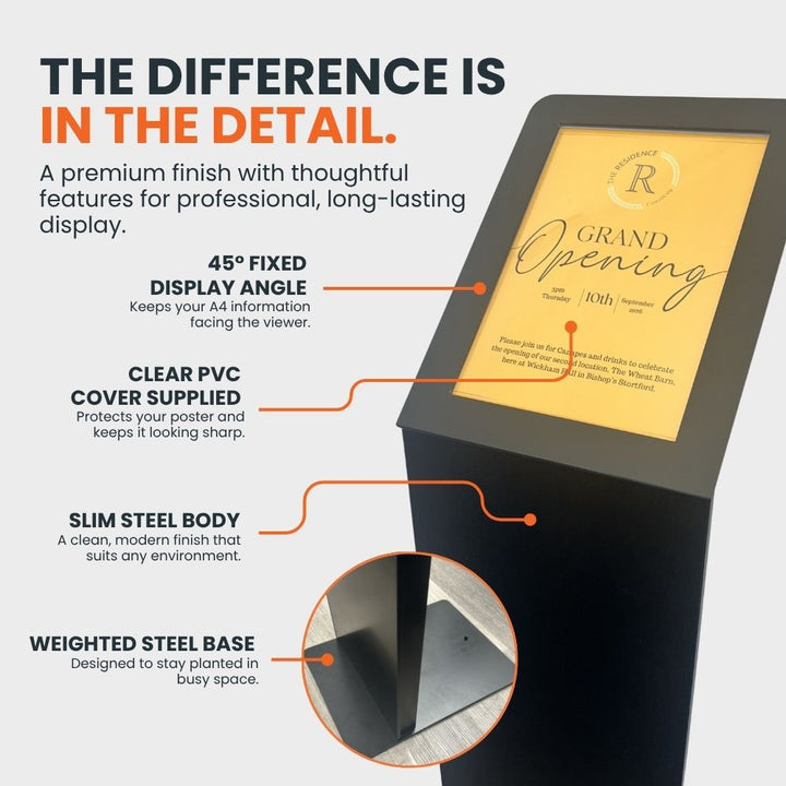 Close-up of black A4 poster stand with fixed 45 degree frame, PVC cover and weighted steel base