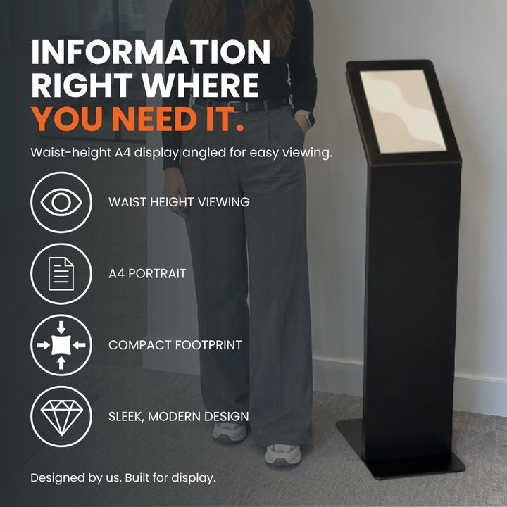 Black A4 freestanding poster stand with angled waist-height display for easy standing viewing