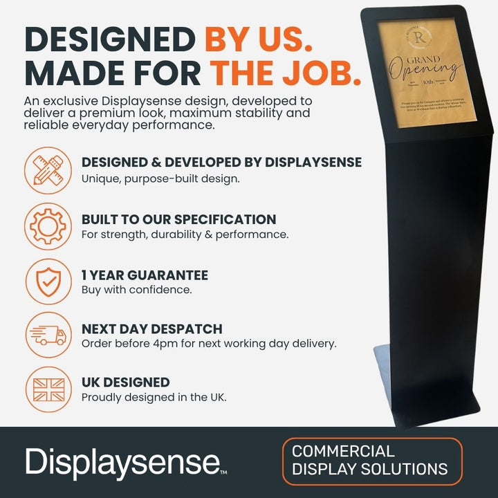 Displaysense black A4 showroom poster stand with angled display head and weighted steel base