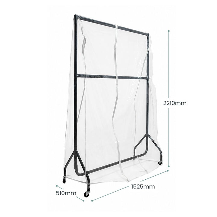 Garment rack cover with annotated dimensions measuring 2210mm by 1525mm, designed for retail clothing storage and protection.