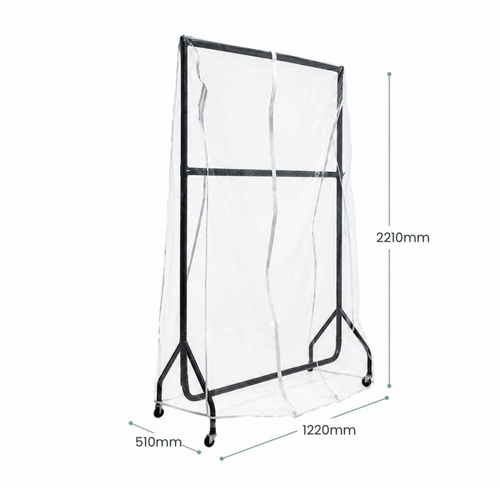 Transparent garment rack cover with dimensions measuring 2210mm high by 1220mm wide, suitable for retail and warehouse clothing storage.