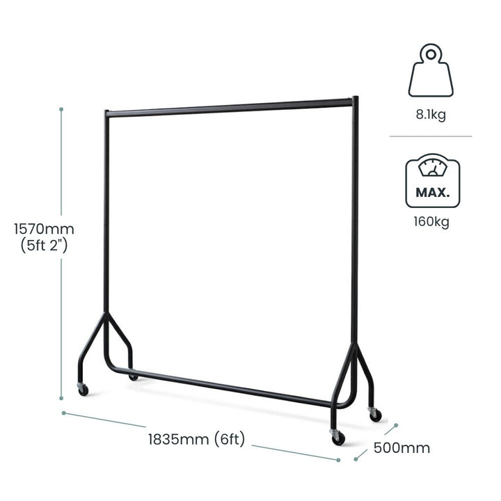 Labelled drawing recording 1835mm width, 1570mm height and 500mm depth, with an 8.1kg frame weight and a 160kg maximum load.
