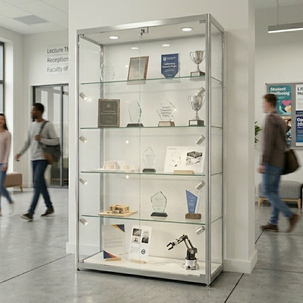 Full height lockable glass awards cabinet in an education building foyer