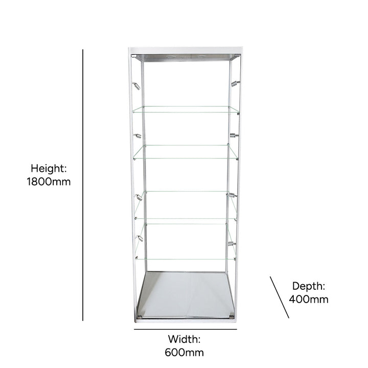 Dimension diagram for the silver glass display cabinet: 1800mm height, 600mm width, 400mm depth, four adjustable glass shelves visible.
