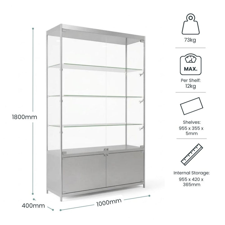 Dimension diagram for the 1000mm glass storage cabinet: 1800mm tall, 1000mm wide, 400mm deep, 73kg weight, 12kg per shelf, shelves 955 x 355 x 5mm.
