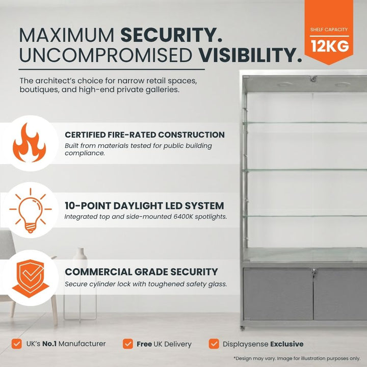 Feature panel for the 1000mm silver glass storage cabinet: certified fire-rated build, 10-point daylight LED array and cylinder-lock security.
