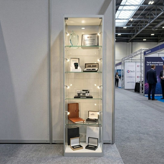 Silver Aluminium Glass Display Cabinet Lockable with 4 Adjustable Shelves & 9 LED Lights 1800mm High x 400mm Wide