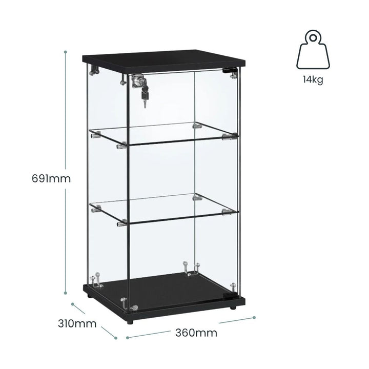 Black glass display cabinet with lockable door, two glass shelves, and compact size measurements displayed.