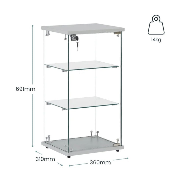 Silver glass display cabinet with lockable door, two glass shelves, compact dimensions and product weight shown. 