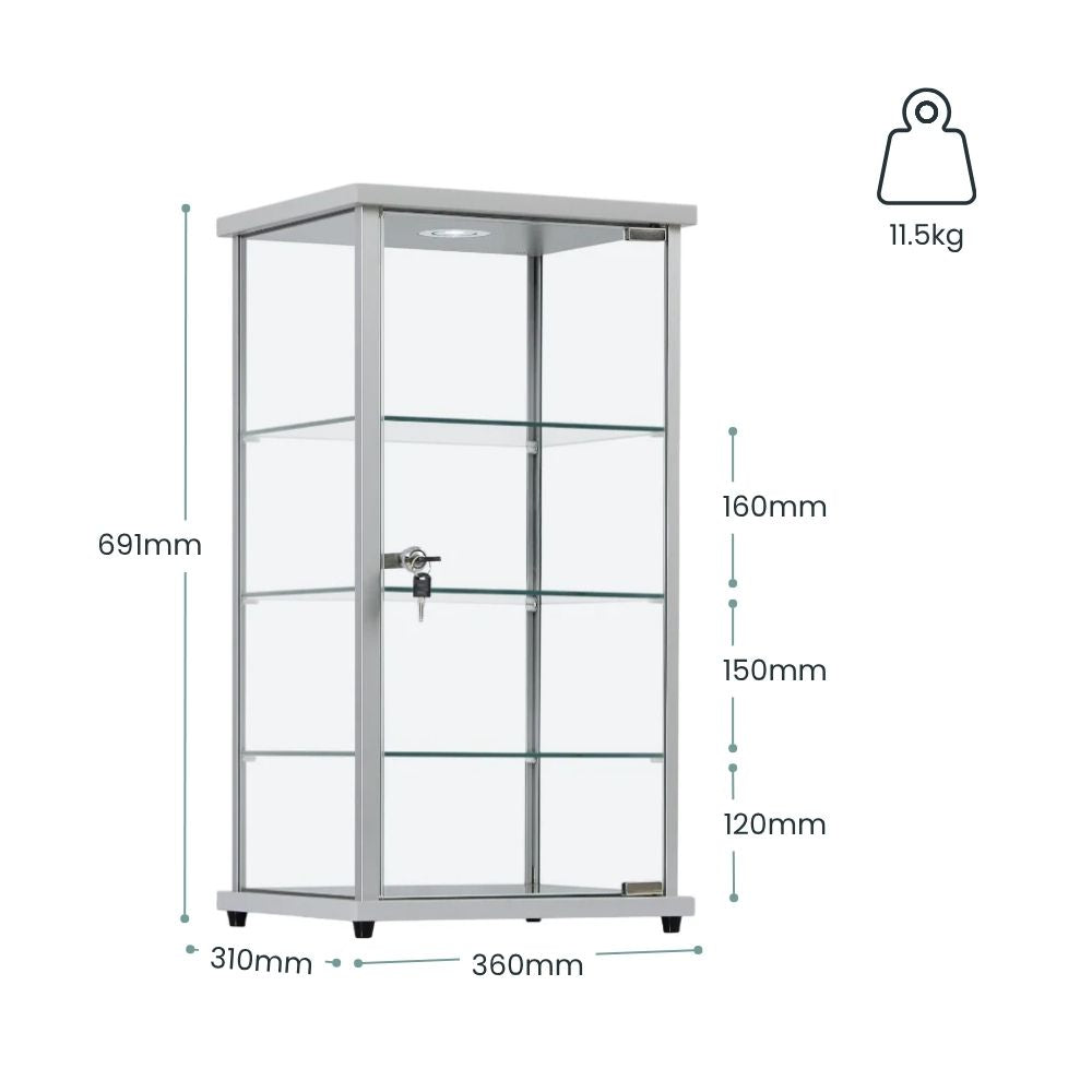 Lockable Silver Glass Countertop Tower Cabinet with LED | Displaysense
