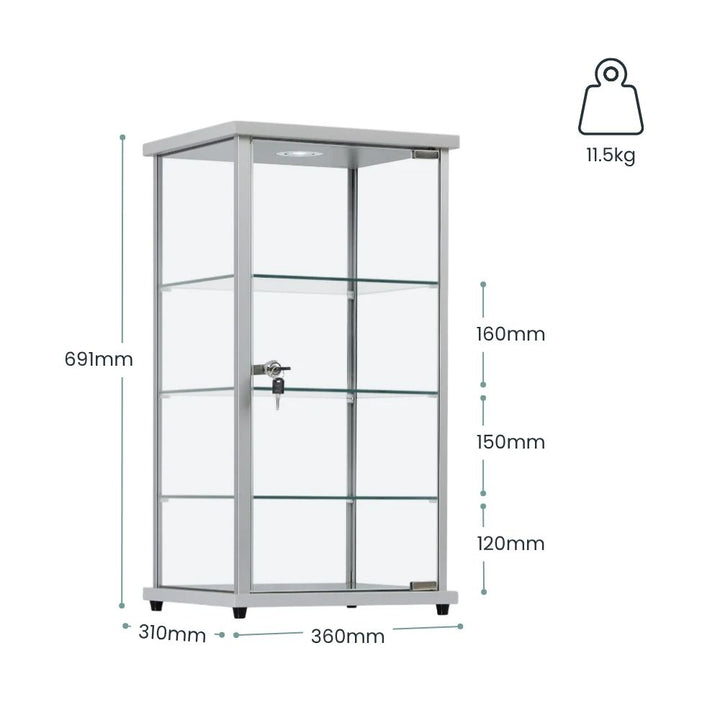 Silver glass display counter top cabinet with lockable door, multiple shelves, internal lighting, and detailed dimensions. 