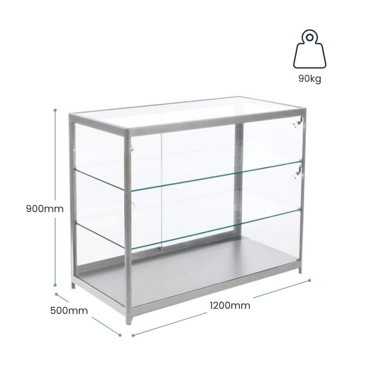 Glass display counter with internal shelves, 1200mm width and 900mm height, suitable for retail product presentation.