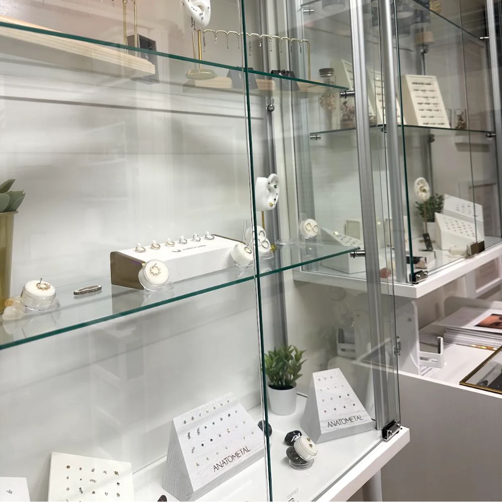 Glass Displaysense jewellery display cabinet showing body piercing jewellery