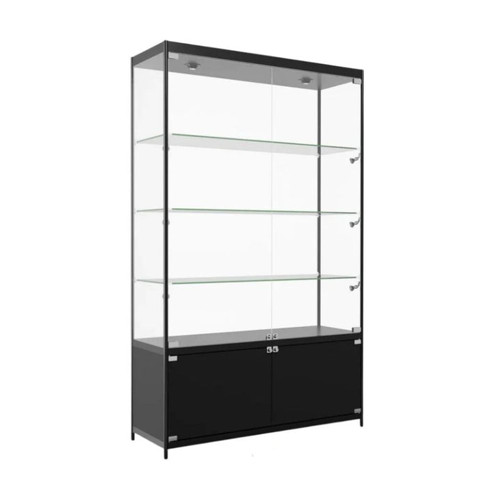 Three glass shelves sit above a solid cupboard section in the black aluminium frame, each half carrying its own lock for retail and reception use.
