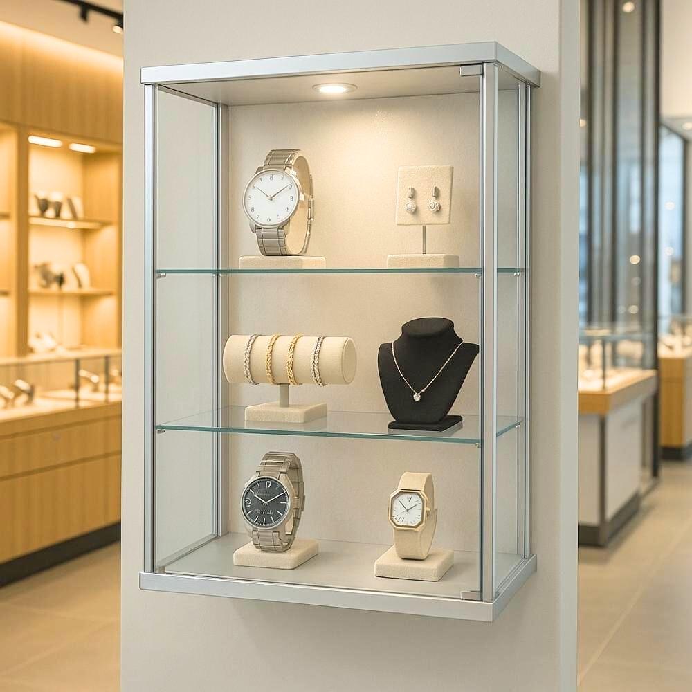 Glass wall display cabinet showcasing luxury men's wristwatches in a modern retail store, with sleek glass shelves and spotlight lighting for designer watch presentation