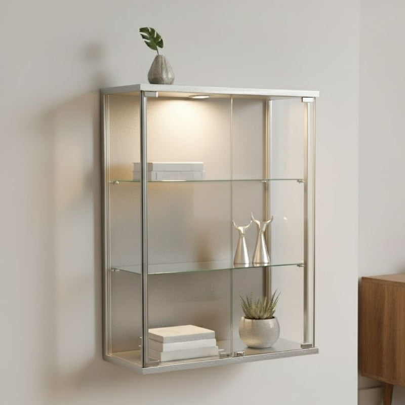 Silver aluminium wall cabinet – 600mm wide glass display with twin doors and 2 adjustable internal shelves