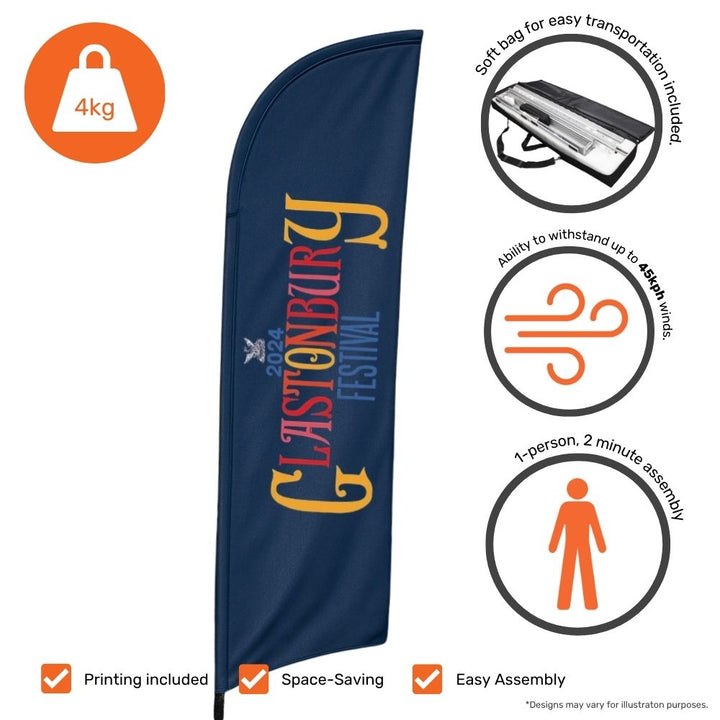 Single-sided 5m feather flag – drive-on base outdoor display for trade shows, product launches or forecourt signage  