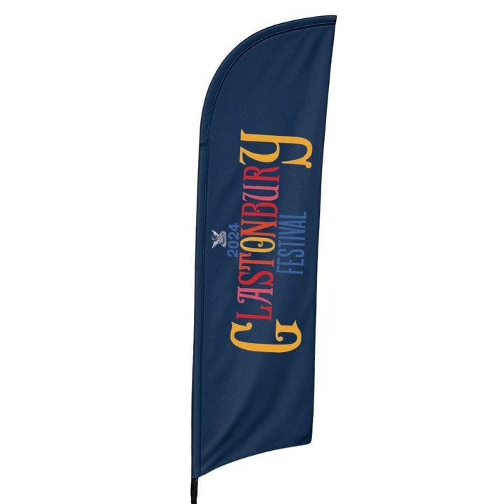 Glass fibre 5 metre feather flag – custom printed display with car base for exhibitions, roadside or retail branding  