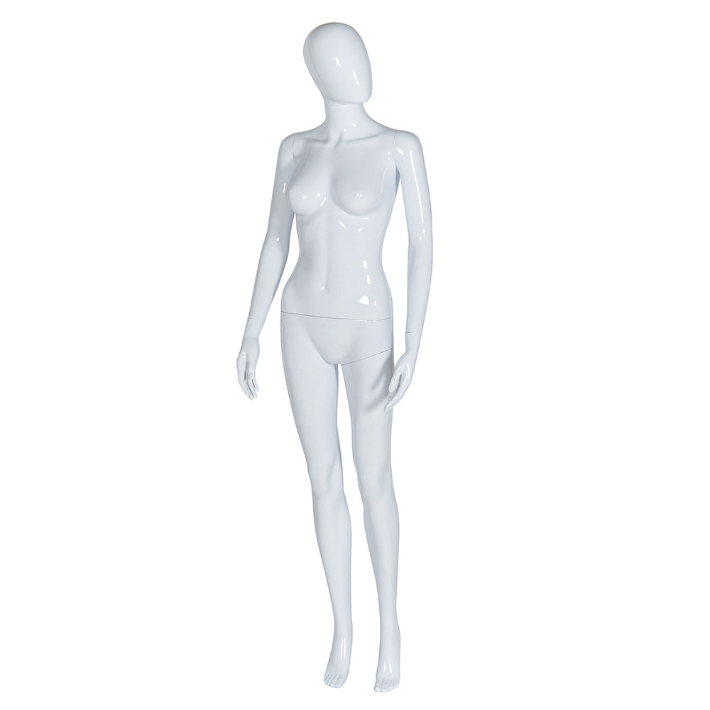 A sleek gloss white faceless female mannequin in an upright pose, designed for modern and minimalist fashion displays in retail stores and exhibitions.
