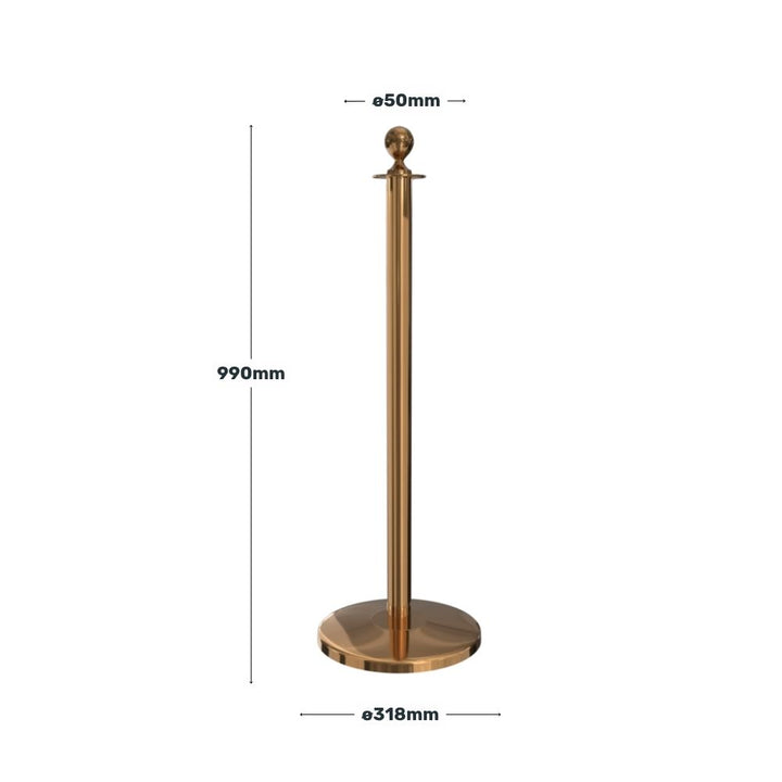 Technical diagram of a gold ball-top barrier post with height, base diameter, and pole thickness dimensions displayed for event planning purposes.