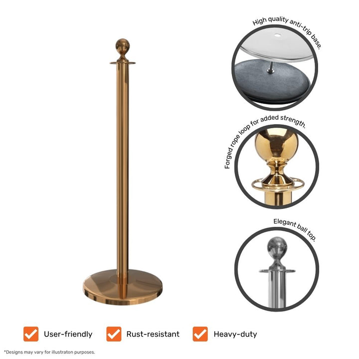 Close-up of a gold ball-top barrier post showing key design features, including anti-trip base, forged rope loop, and elegant ball top for luxury venues.