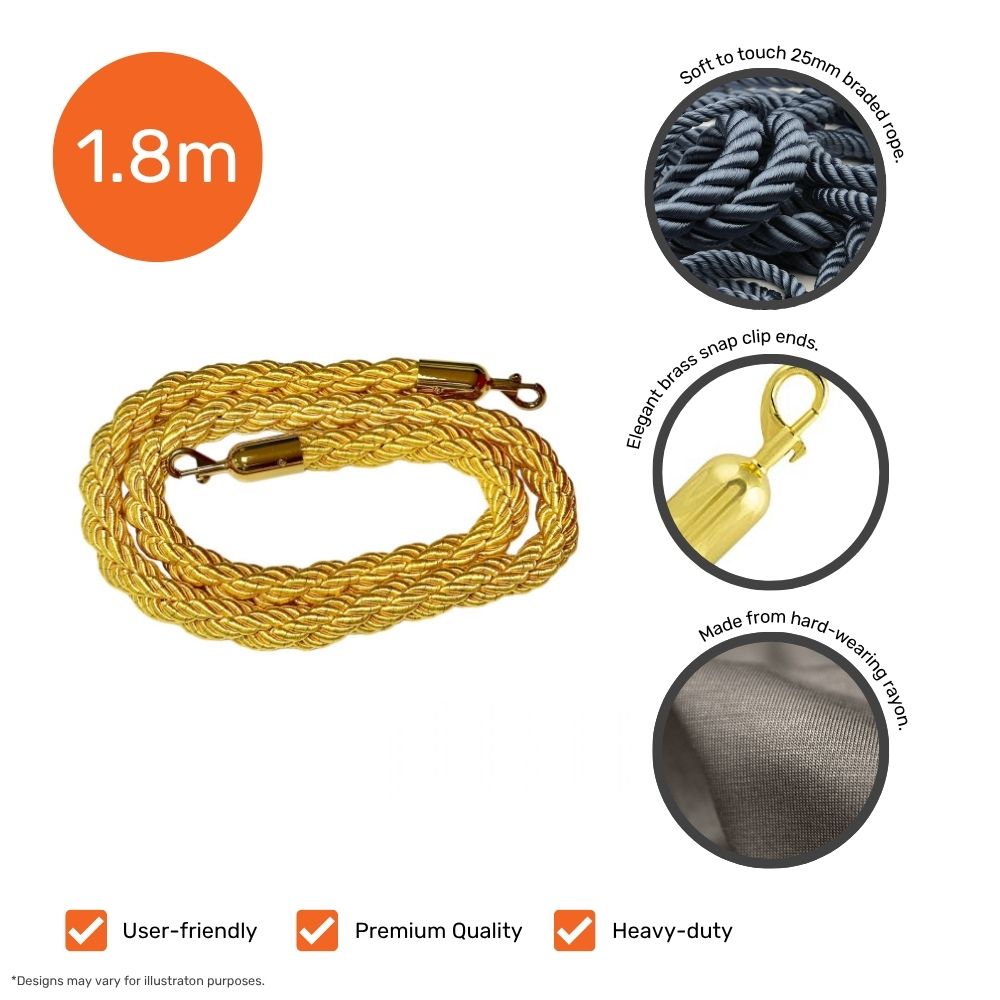 Gold braided event barrier rope with brass snap clips and a heavy-duty build, perfect for stylish queue control at formal gatherings.