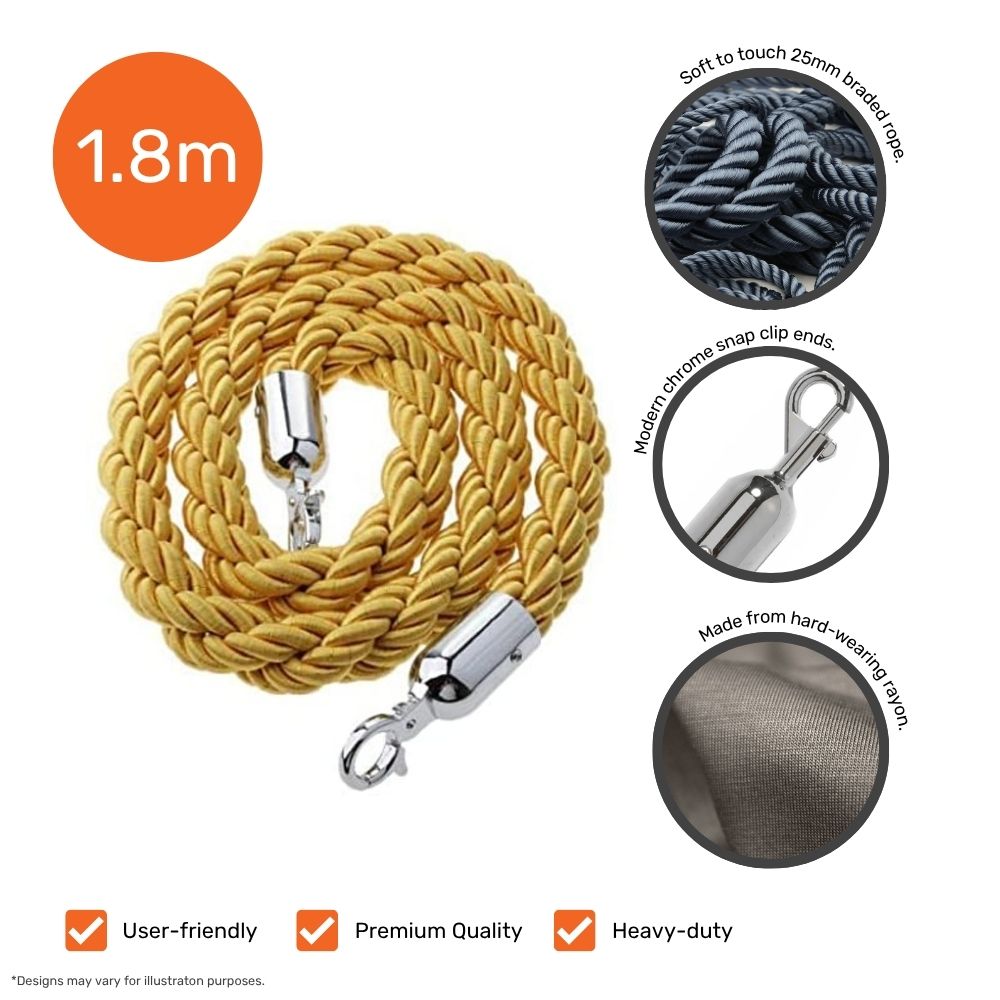 Gold braided event barrier rope with chrome-finished snap clips and a heavy-duty design, perfect for creating elegant queue barriers at formal events.