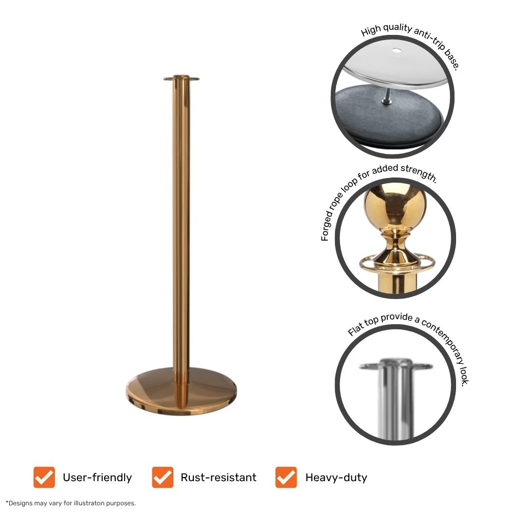 Gold stanchion post showcasing anti-trip base, forged rope loop, and contemporary flat top design with close-up details.