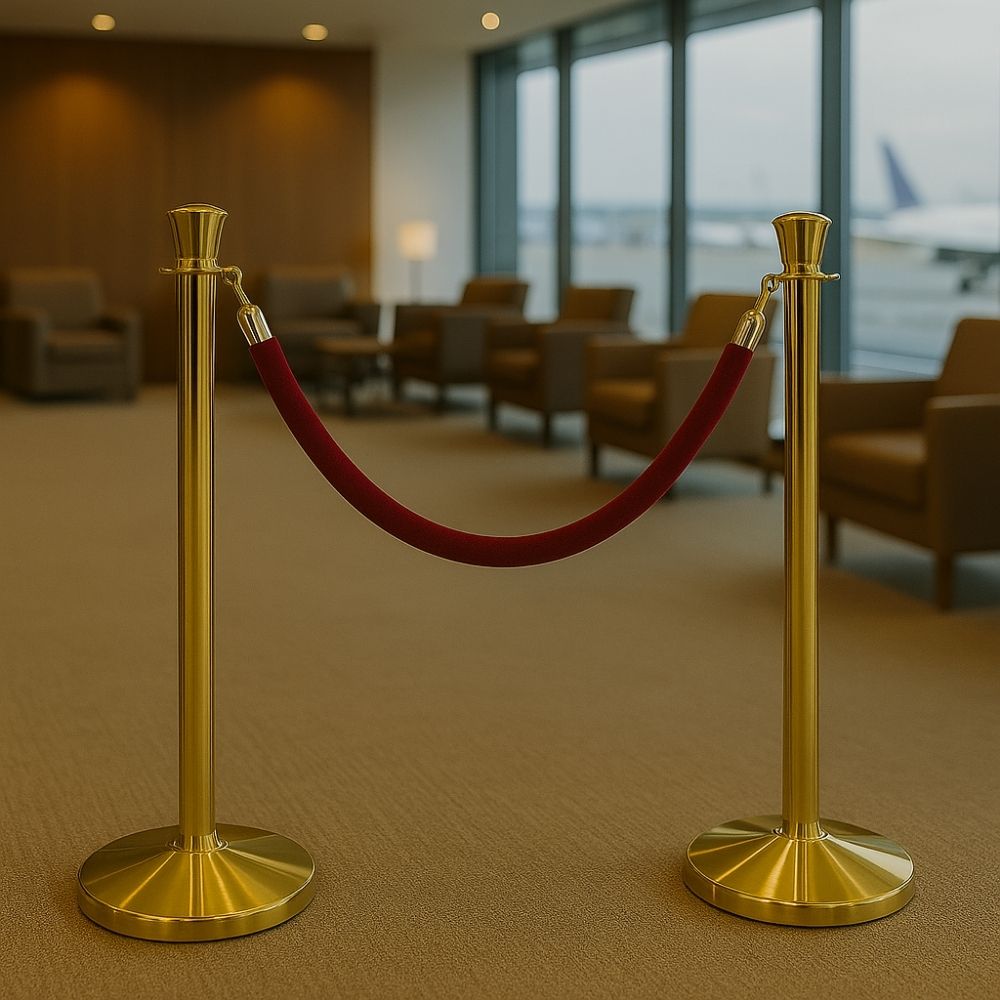 Gold stanchion posts with a red velvet rope barrier placed in an airport lounge with seating and large windows in the background.