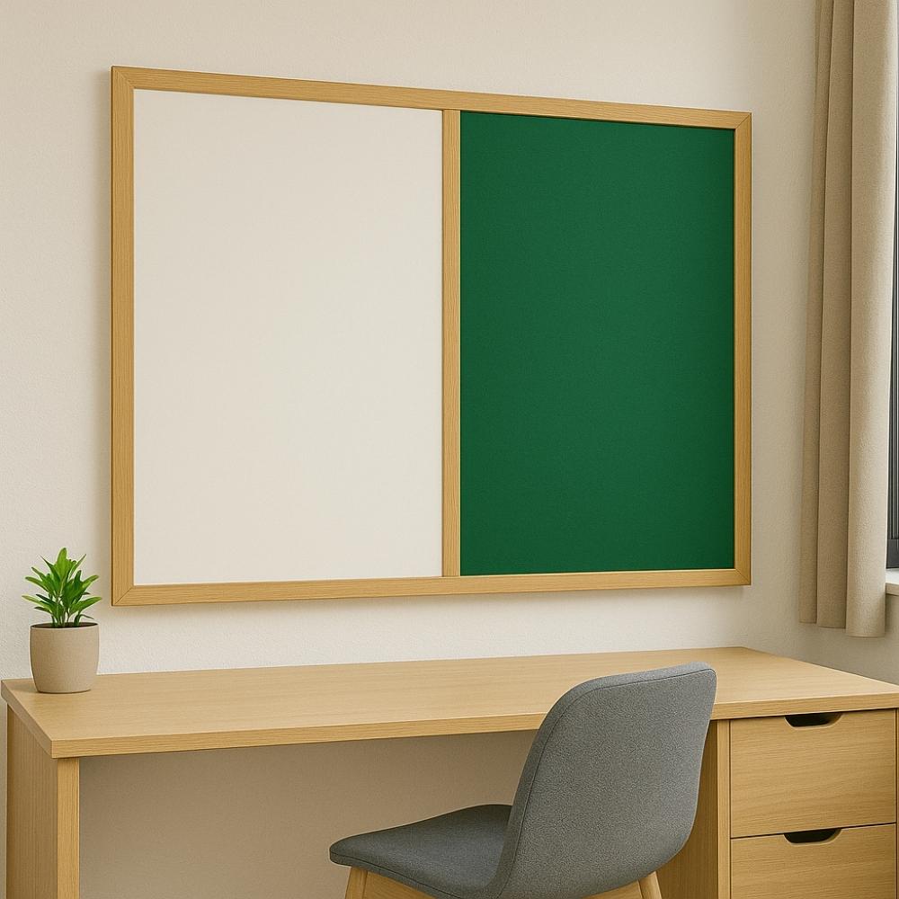 Wall-mounted dual-purpose board with a green felt noticeboard and white dry-wipe surface in a wooden frame, positioned above a minimalist wooden desk with a grey chair and small potted plant in a cosy study room.