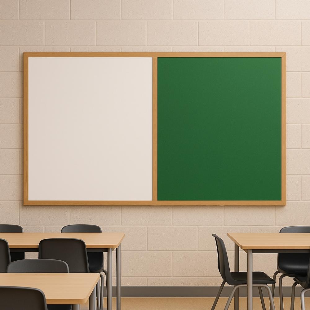Green and white combination board with wooden frame mounted on a beige brick wall in a classroom setting, surrounded by light wooden desks and black chairs.