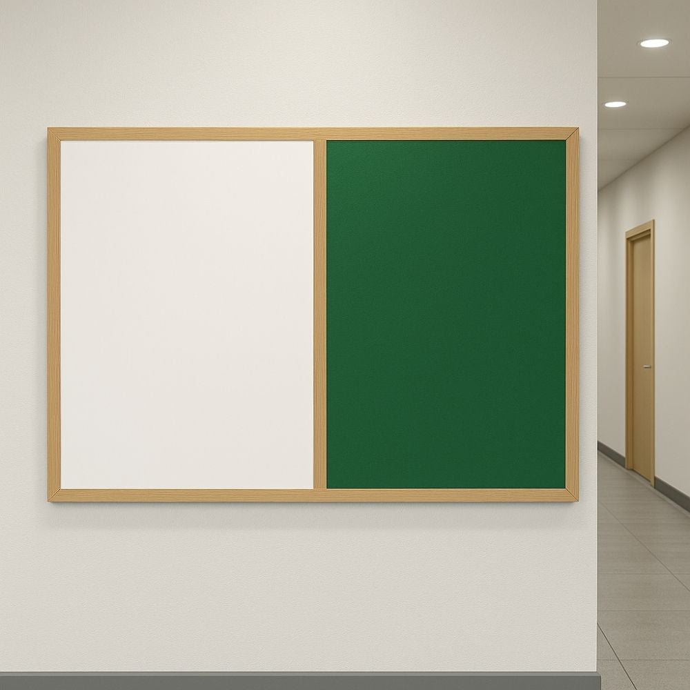 Wall-mounted combination board with a green felt noticeboard and white dry-wipe surface in a wooden frame, positioned in a clean corridor with tiled flooring and wooden doors.