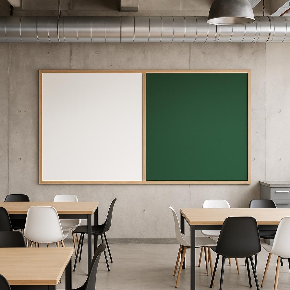 Large dual-surface board with a green felt noticeboard and white dry-wipe section in a wooden frame, mounted on a concrete wall in a contemporary classroom with industrial ducting and mixed black and white chairs around wooden desks.