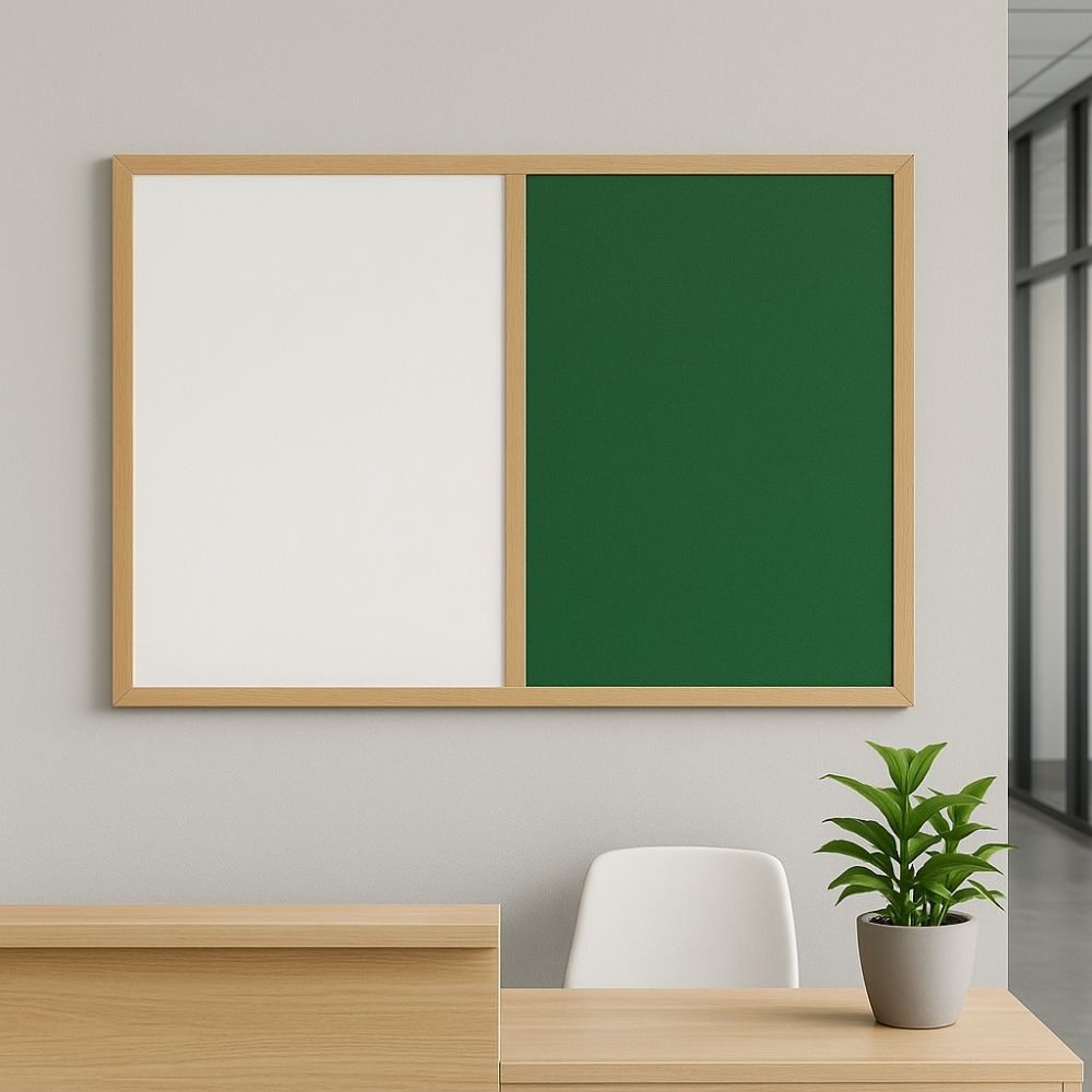 Wall-mounted board with a green felt noticeboard and white dry-wipe surface in a wooden frame, placed above a light wood reception desk with a white chair and potted plant in a modern office.