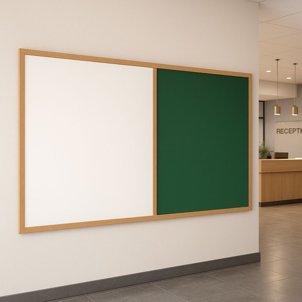 Green and white dual-panel combination board with wooden frame mounted on a light-coloured wall in an office reception area with tiled flooring and modern decor.