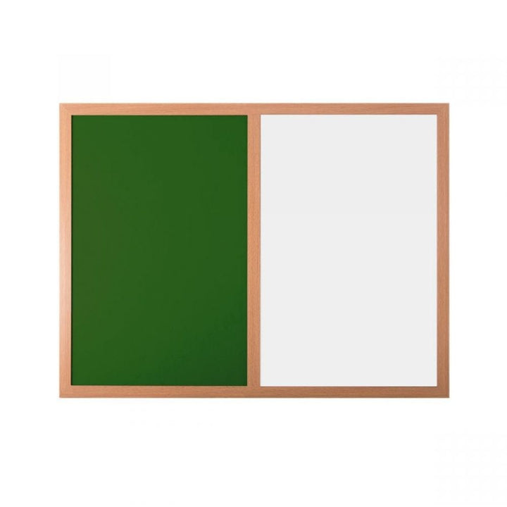 Dual-purpose wall-mounted board featuring a green noticeboard panel on the left and a whiteboard surface on the right, enclosed in a light wooden frame.