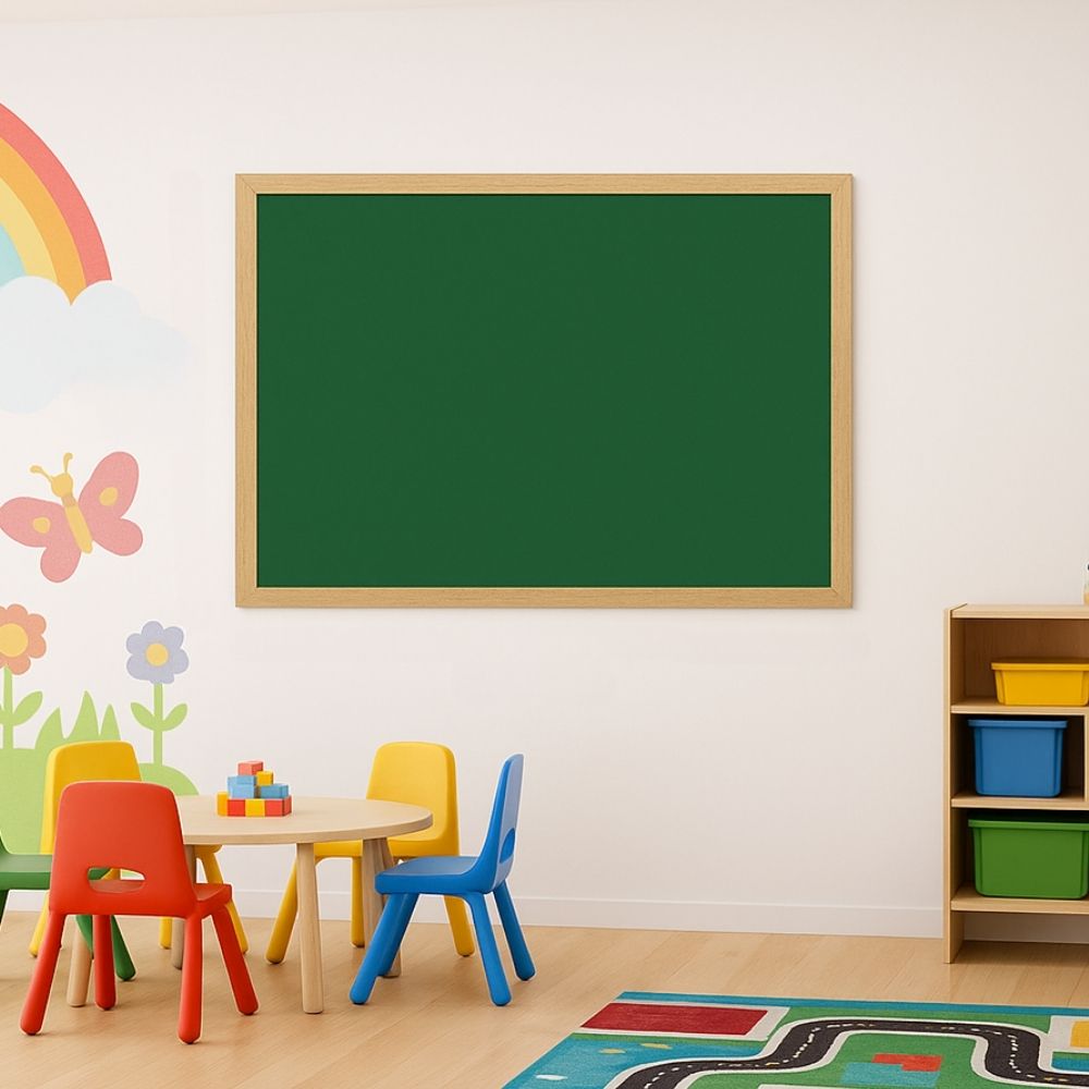 Green eco-friendly noticeboard with a beech wood frame, made from 100% recycled materials, displayed with product features including landscape or portrait mounting and a 2-year guarantee. Shown in a nursery classroom setting and with measurements of 900mm by 600mm.