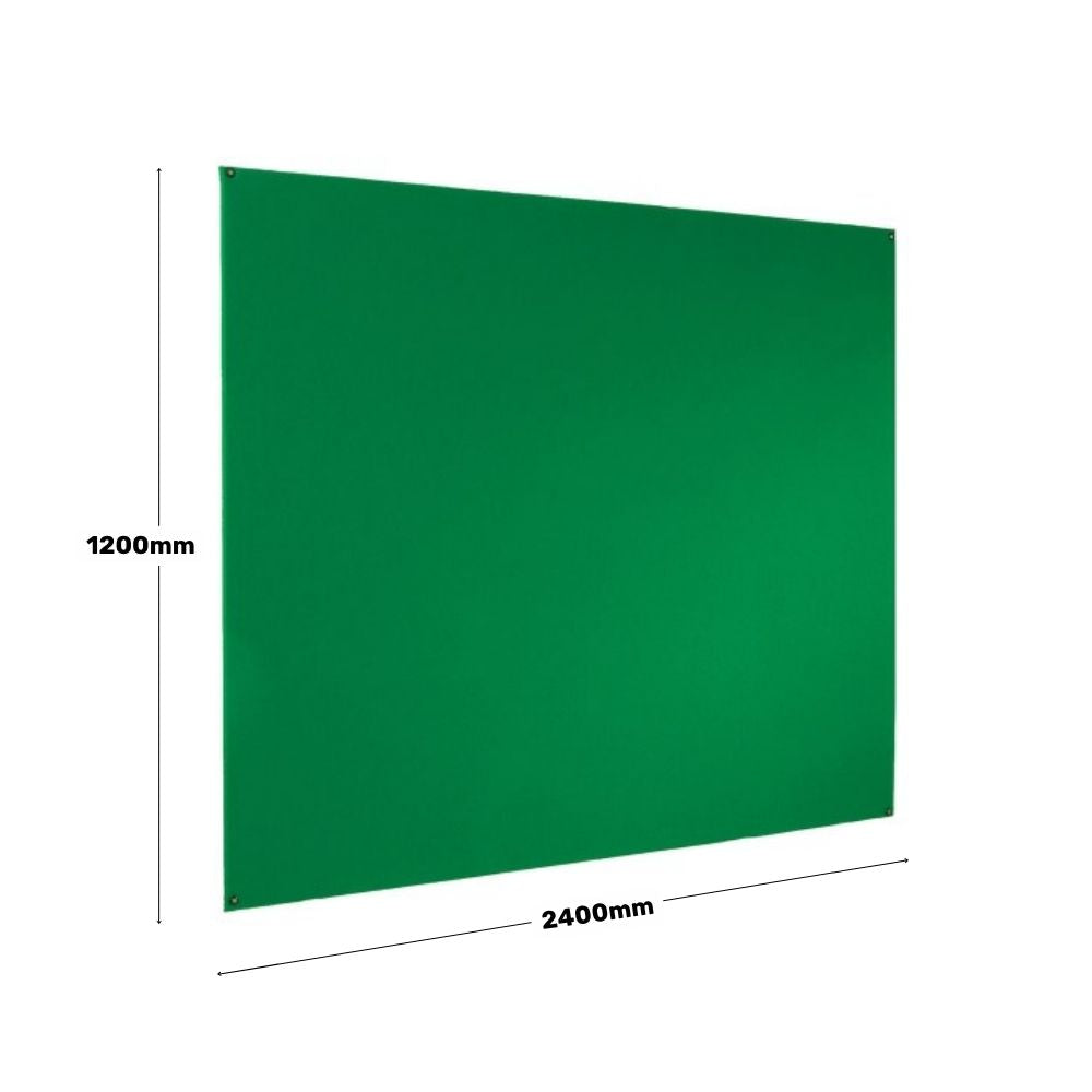 Large wall-mounted green fabric noticeboard measuring 1200mm by 2400mm, ideal for high-visibility display in educational or office environments.