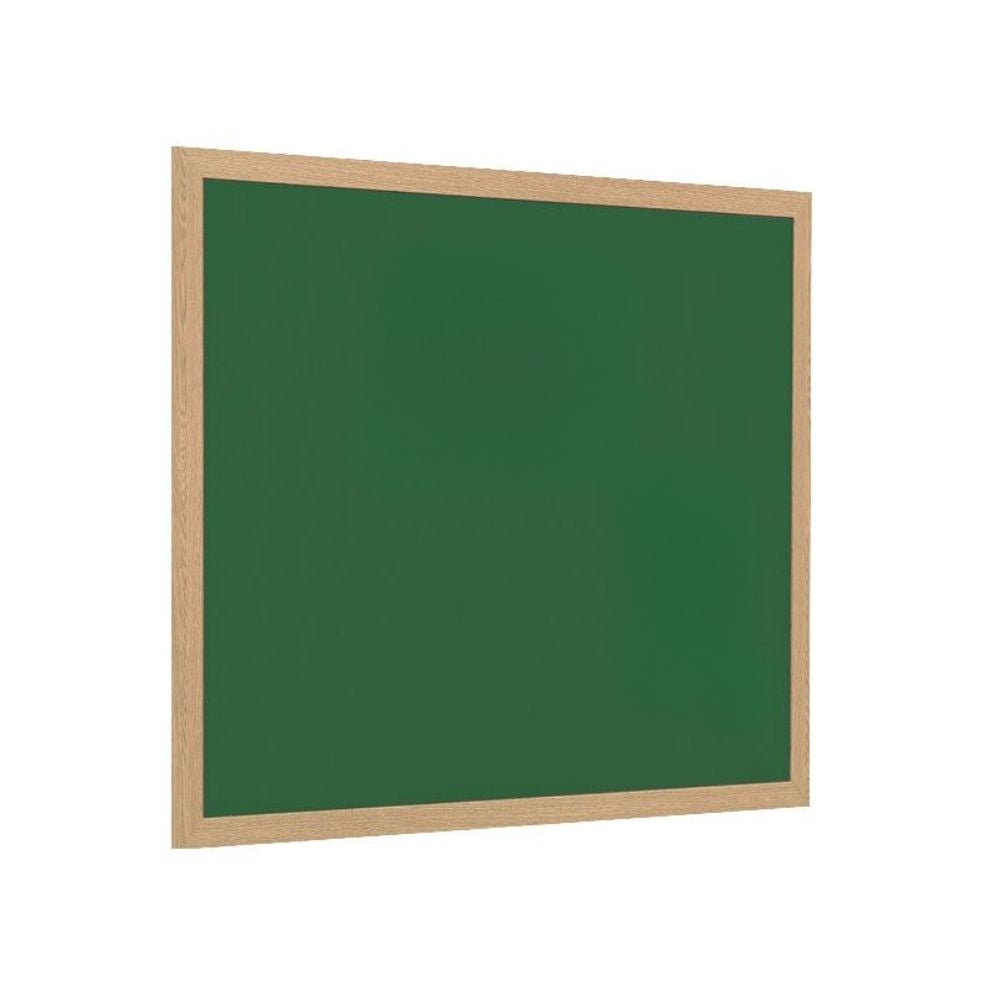 Green felt noticeboard with a light wooden frame, made from 100% recycled materials, suitable for landscape or portrait display. Shown with measurements of 900mm by 600mm and featured in a colourful nursery room setting.